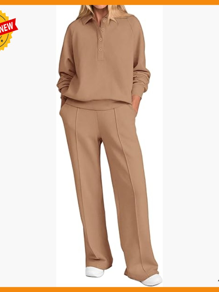 Medium 2-Piece Sweatsuit Set Long Sleeve Quarter Button Wide Leg Lounge